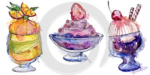 Tasty ice cream in a watercolor style. Aquarelle sweet dessert illustration set. Isolated desserts background element. photo