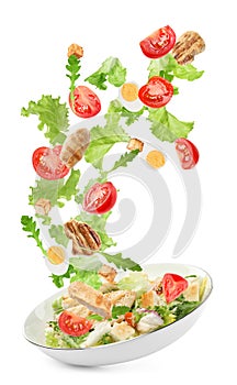 Tasty ingredients for Caesar salad falling into plate on white background