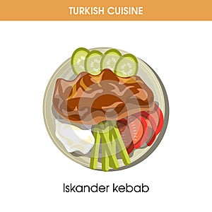 Tasty Iskander kebab with vegetables from Turkish cuisine