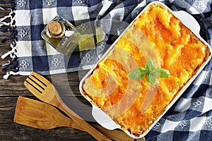 Tasty italian lasagna in baking dish