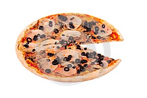 Tasty italian pizza with ham, mozzarella, mushrooms and olives, without one slice, isolated on white, angle view
