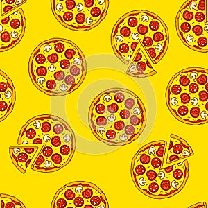 Tasty Italian pizza pattern. Delicious fast food meal. Background for cafe menu.