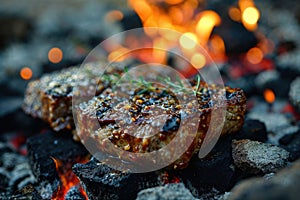 Tasty and juicy beef steak cooking over flaming grill