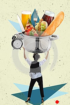 Contemporary art collage of woman in a suit holding pot fillied with food and beer glasses. Party preparation