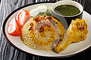 Tasty Khao Mok Gai Thai Rice and Chicken Biryan closeup in the plate. Horizontal photo