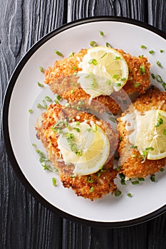 Tasty lemon romano chicken cutlet breaded close-up on a plate. Vertical top view
