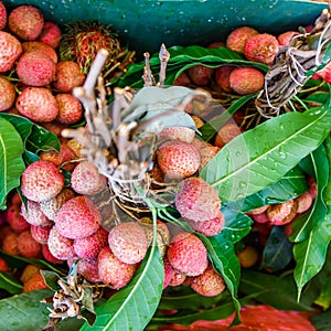 Tasty litchis with leaves background