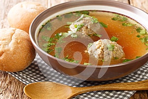 Tasty Liver dumplings added to broth make a wonderful authentic German soup close-up in a plate. horizontal