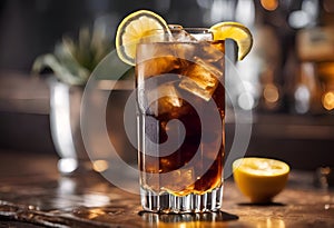 Tasty Long Island Ice Tea being poured into a tall glass with ice cubes, AI Generative