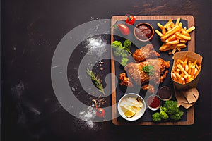 Tasty looking Fried chicken food meal with fries salad and dips chips