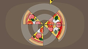 Tasty looking illustrated sliced salami pizza. Animation of disappearing slices.
