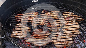 Tasty and marinated Chicken meat fried on a barbecue grill at backyard outdoor.