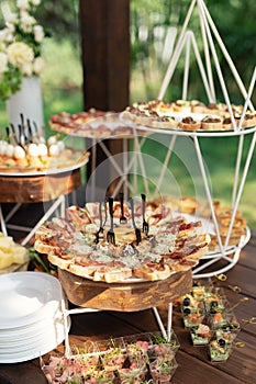 Tasty meals and sandwitches on a brown rustic wooden banquet table.