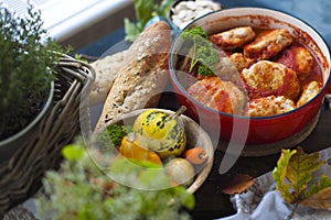 Tasty meat balls from beef and pork in tomato sauce, Autumn meal at home. Copy space