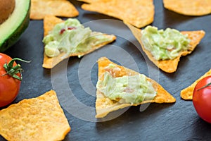 Tasty mexican guacamole on nachos