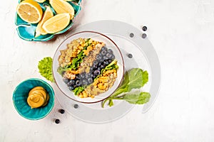 Tasty mixed berry salad with corn and chicken fillet, Food recipe background. space for text. top view