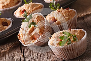 Tasty muffins with ham and cheese close-up. Horizontal