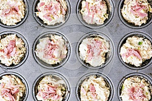 Tasty muffins stuffed with ham and cheese on the tray