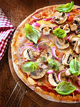 Tasty mushroom and onion pizza