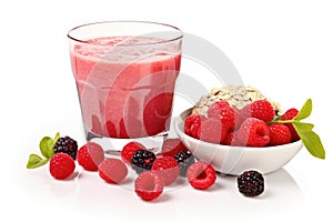 Tasty oatmeal with berries and glass of juice. Healthy breakfast