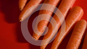 Tasty orange carrots on a red background