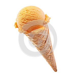 Tasty orange icecream in a cone