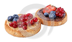 Tasty organic rusks with different toppings isolated on white