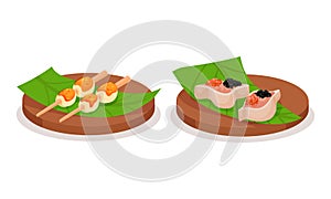 Tasty Oriental Snacks with Sushi Served on Green Leaf Vector Set