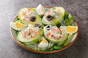 Tasty Palta Reina is a popular Chilean starter with peeled avocado stuffed with chicken salad closeup on the plate. Horizontal