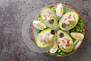 Tasty Palta Reina is a popular Chilean starter with peeled avocado stuffed with chicken salad closeup on the plate. Horizontal top photo
