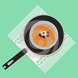 Tasty pancakes on frying pan, vector illustration. American breakfast foods.