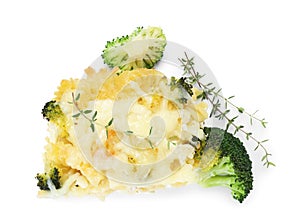 Tasty pasta casserole with cheese and broccoli isolated on white