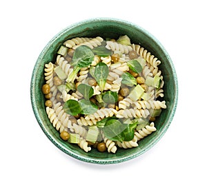 Tasty pasta salad on background