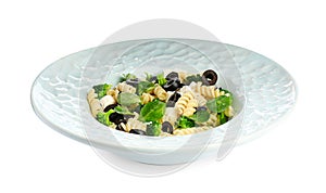 Tasty pasta salad on background