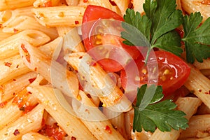 Tasty pasta tomato and parsley on whole background, close up