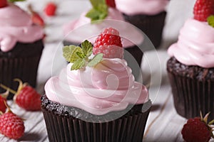 Tasty pastries: chocolate cupcakes with pink cream and raspberry