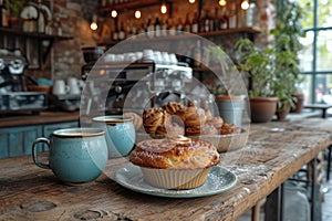 Tasty pastries and fresh coffee on table