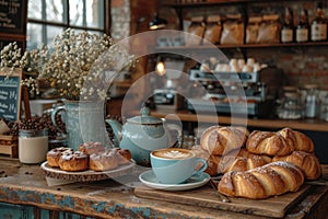 Tasty pastries and fresh coffee on table