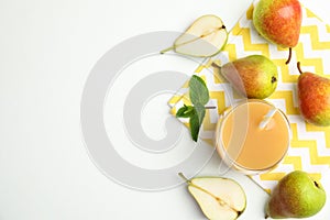 Tasty pear juice and fruits on table, flat lay. Space for text