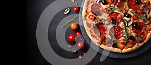 Tasty pepperoni pizza on black background, cooking ingredients, copy space, top view, view from above, flat lay, banner