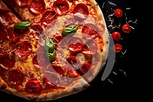 Tasty pepperoni pizza and cooking ingredients tomatoes basil on black background. Top view