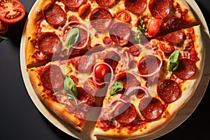 Tasty pepperoni pizza and cooking ingredients tomatoes basil on black concrete background