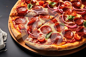 Tasty pepperoni pizza and cooking ingredients tomatoes basil on black concrete background