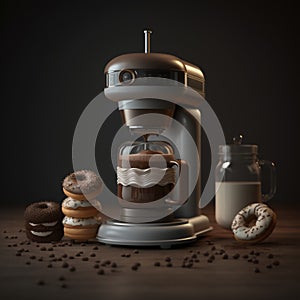 tasty picture of making coffee by coffee machine with delicious donuts