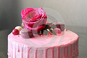 Tasty pink homemade cake decorated by rose and macarons