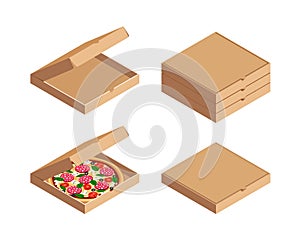 Tasty pizza in box isometric set