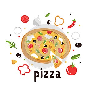 Tasty pizza with delicious ingredients. Colorful vector illustration