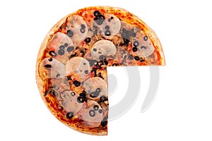 Tasty pizza with ham, mozzarella, mushrooms and olives, without a quarter, isolated on white, top view