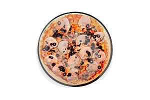 Tasty pizza with ham, mozzarella, mushrooms and olives on a slate platter, isolated on white background, top view