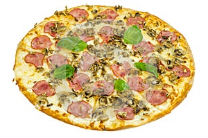 Tasty pizza with ham and mushrooms isolated on white background.